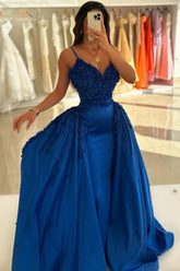 Charming Dark Blue V-Neck Spaghetti Strap A-Line Sleeveless Panel Train Satin Prom Evening Dresses With Handmake Flowers